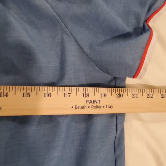 Komar House Dress Vtg Snap Front Kaftan Blue Red Stitching Lobster Pocket S/M - Picture 4 of 9